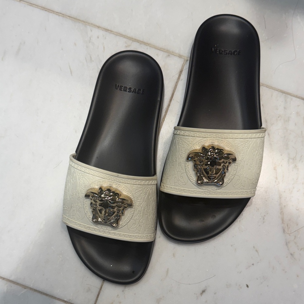 Versace Cream and Black Medusa Slide Sandals with Gold Emblem